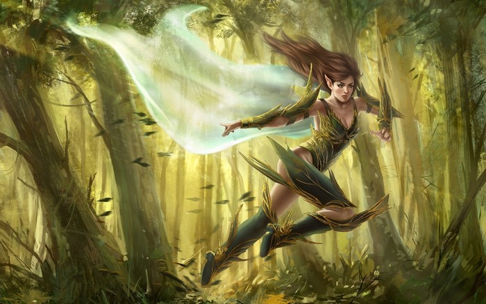 Elf warrior with flowing cape in a forest