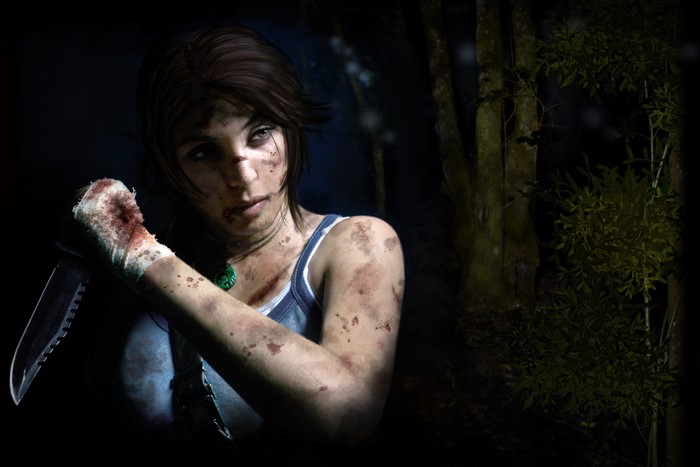 Lara Croft from Tomb Raider holding a knife