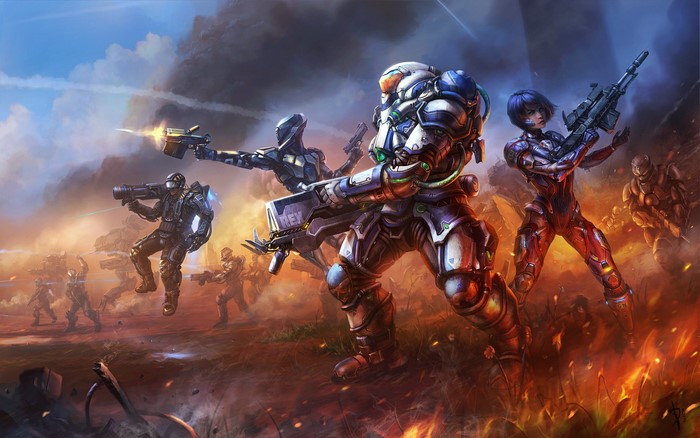 Soldiers in futuristic armor in a battle