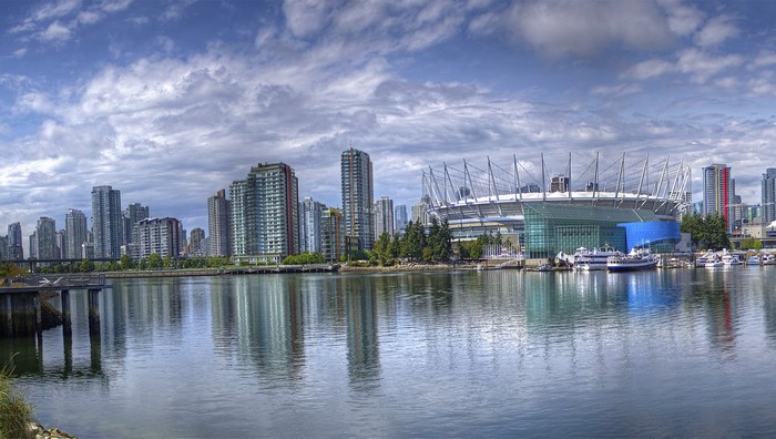 Vancouver cityscape with stadium and waterfront