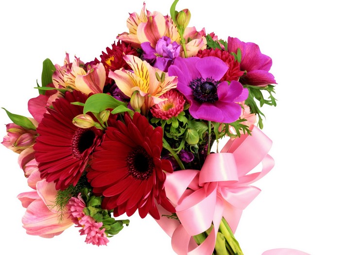 Bouquet of Gerbera daisies and anemones with a pink ribbon