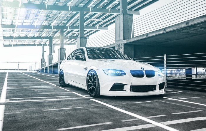 White BMW M3 Coupe E92 in a Parking Garage