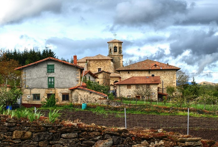 Basque Country village with stone houses and church tower