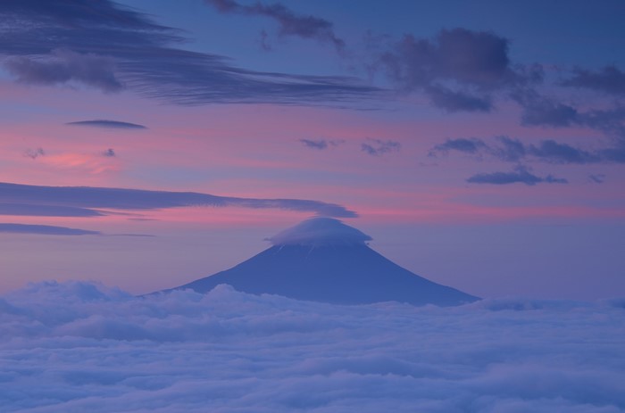 Mount Fuji above clouds at sunrise