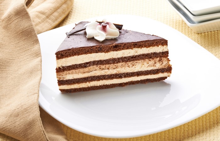 Slice of chocolate cake with cream and chocolate glaze