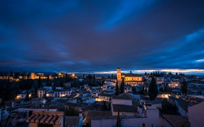 Granada, Spain at Dusk with Alhambra in Background