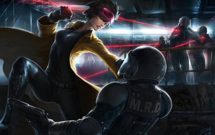 Woman in yellow coat fighting soldiers with lasers
