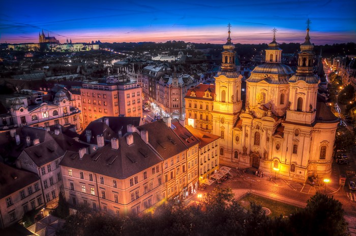 Prague at night, aerial view of Old Town Square