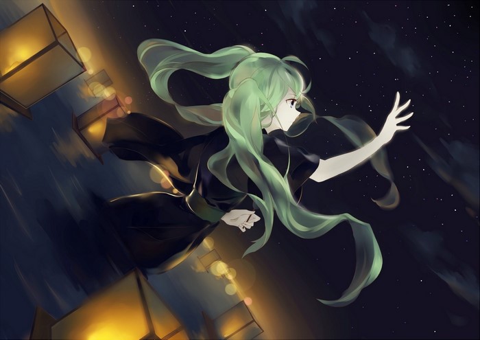 Hatsune Miku floating in the night sky with lanterns