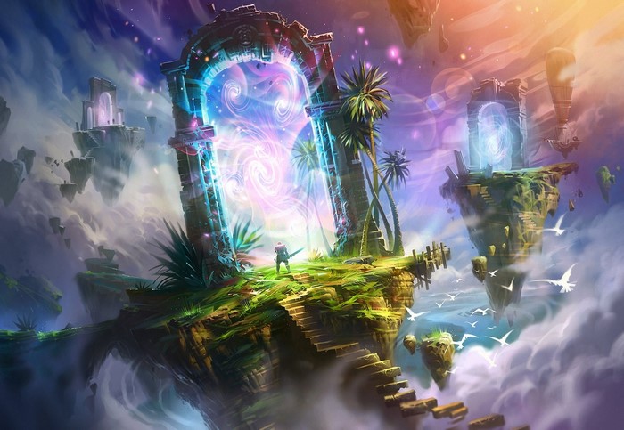 Fantasy world with floating islands and magical portals