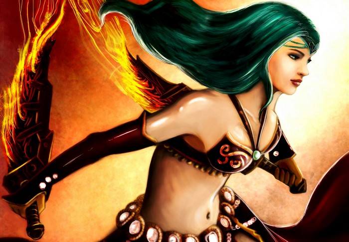 Woman warrior with flaming sword