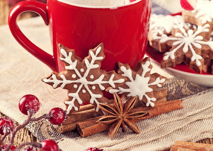 Christmas cookies with red mug and spices