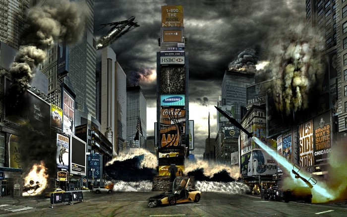 Times Square disaster with explosions and flying vehicles
