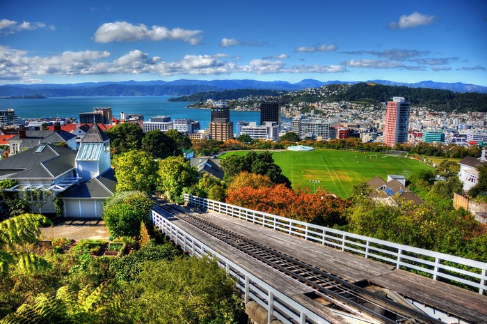 Wellington, New Zealand cityscape with harbor and hills