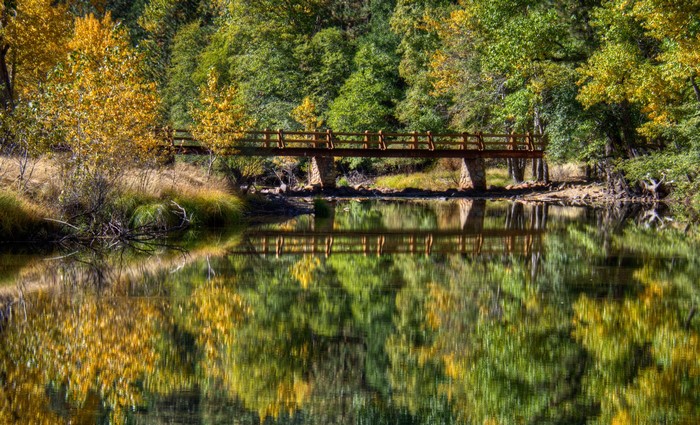 Wooden bridge over a river in California during autumn
