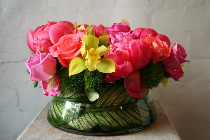 Pink Roses and Orchids in a Glass Vase