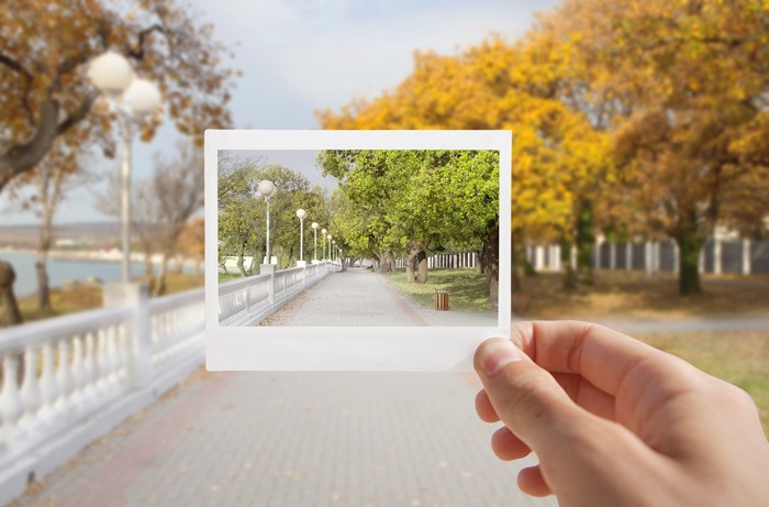Park pathway with street lights and autumn trees