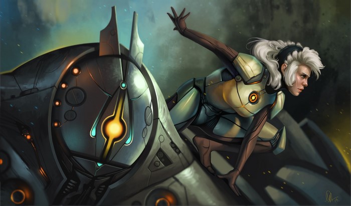 Woman in sci-fi suit on a robot