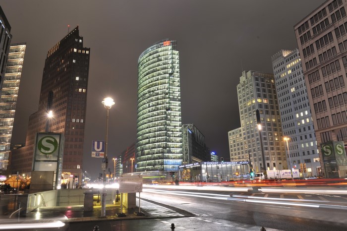 Potsdamer Platz buildings at night, Berlin, Germany