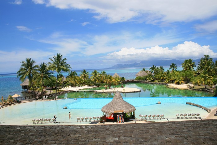 Tropical resort with pools and palm trees in French Polynesia