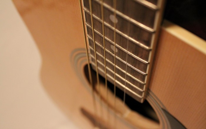 Closeup of an acoustic guitar fretboard and strings