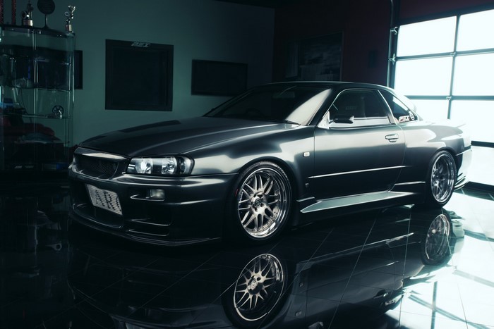 Nissan Skyline R34 GT-R in a garage