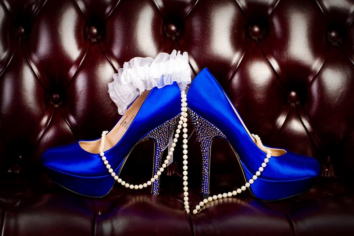 Blue Stilettos with Pearls and Garter