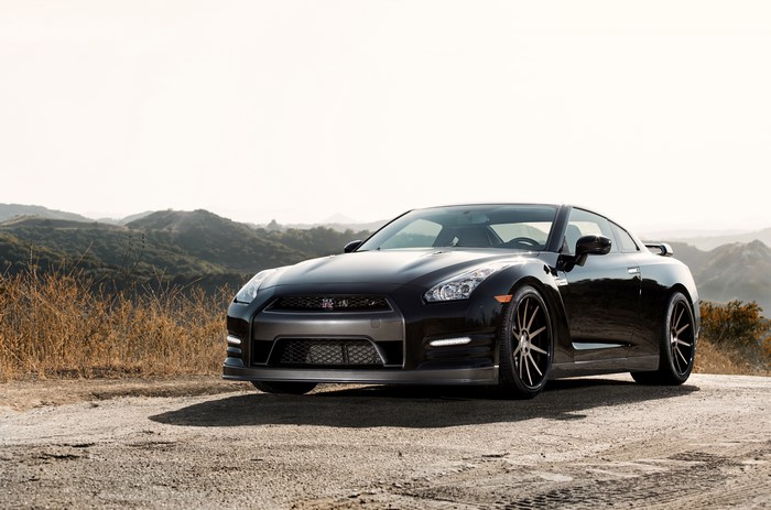 Black Nissan GT-R R35 on a dirt road