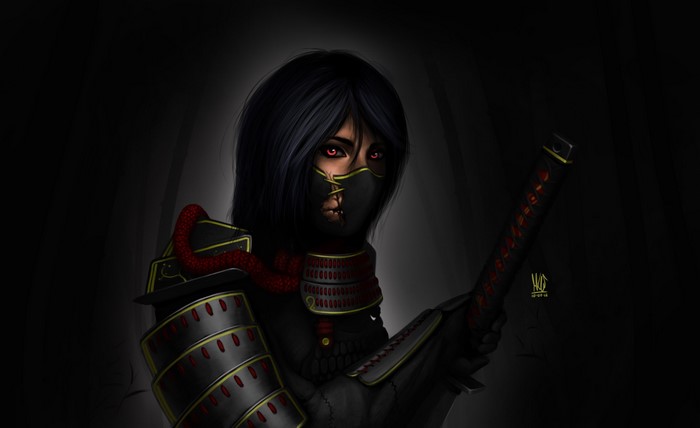 Samurai warrior with red eyes and mask