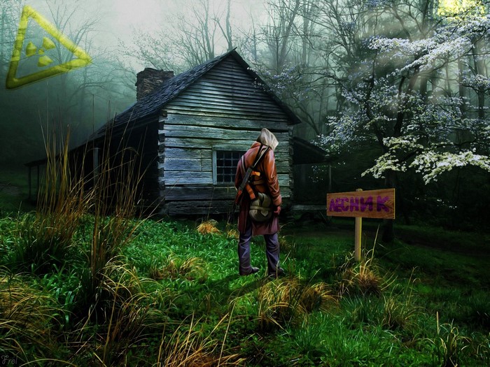 Stalker near a cabin with a radiation warning sign