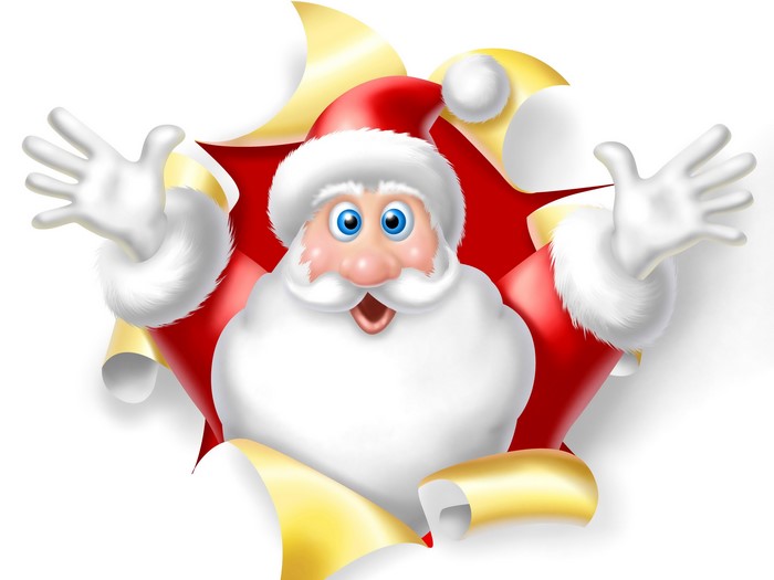 Santa Claus breaking through a red and gold background