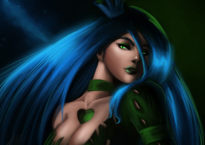Gothic Fantasy Woman with Blue Hair and Green Eyes