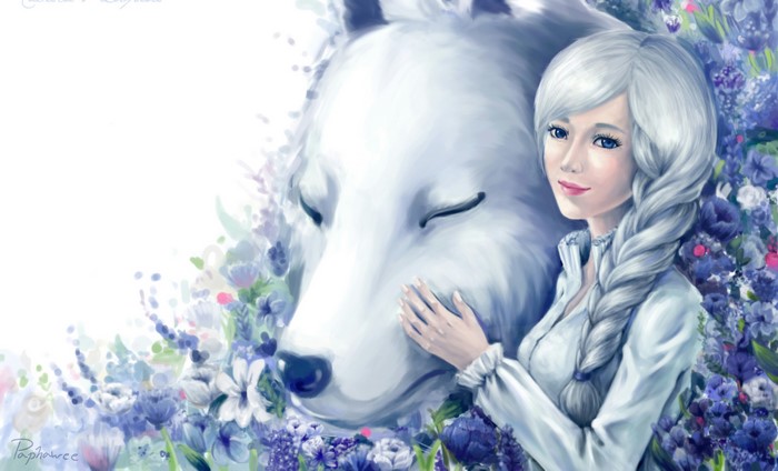 Girl with white hair and wolf surrounded by flowers