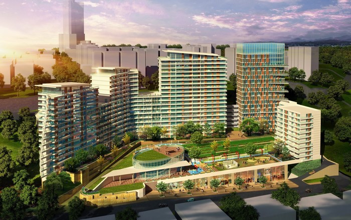 Modern apartment buildings with green spaces and amenities