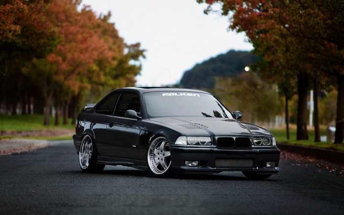 Black BMW M3 on a tree-lined road