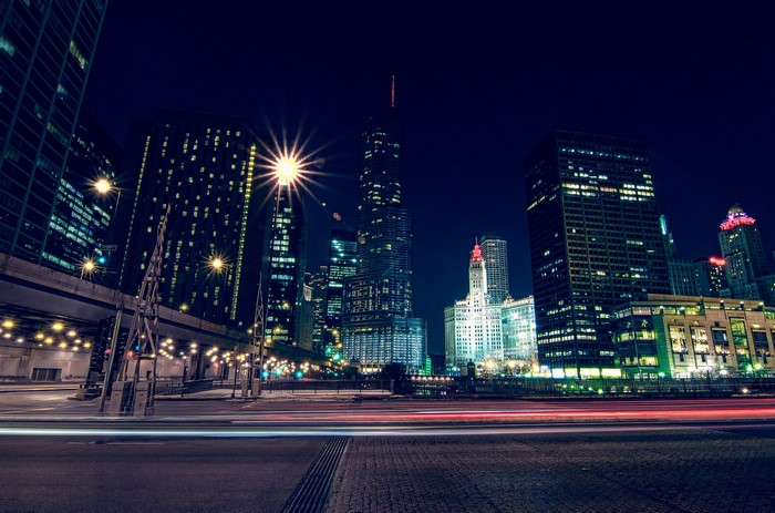 Chicago Cityscape at Night with Light Trails