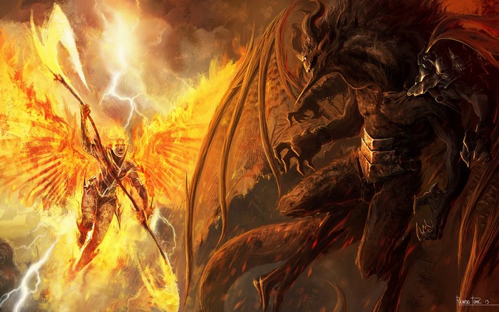 Fiery Angelic Warrior Battles a Dragon Demon