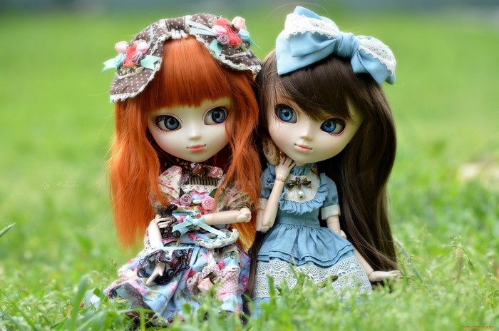 Two dolls sitting in grass