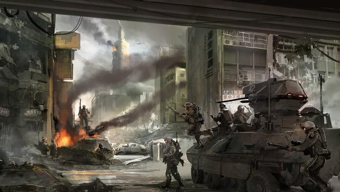 Soldiers in APC during urban combat