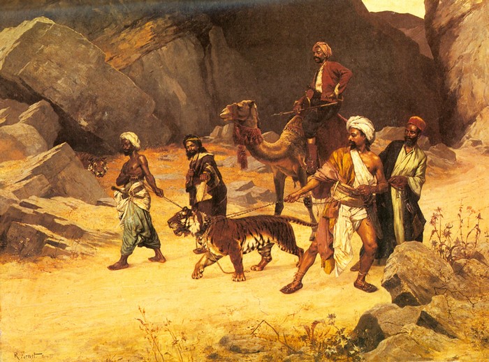 Men leading tigers and camel in desert landscape by Rudolf Ernst