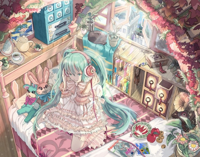 Hatsune Miku in a cozy room with headphones