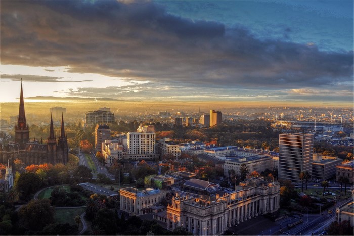Aerial view of Melbourne skyline at sunrise