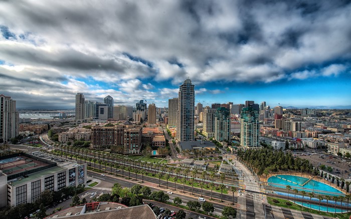 San Diego cityscape with buildings and palm trees
