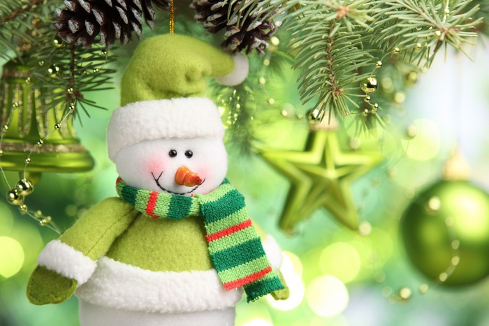 Christmas snowman ornament on a tree