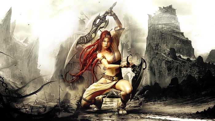 Nariko from Heavenly Sword in a ruined landscape