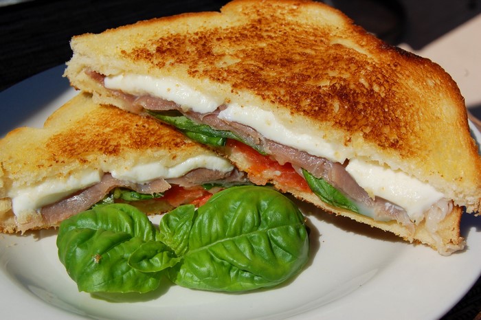 Grilled sandwich with mozzarella, prosciutto, and basil
