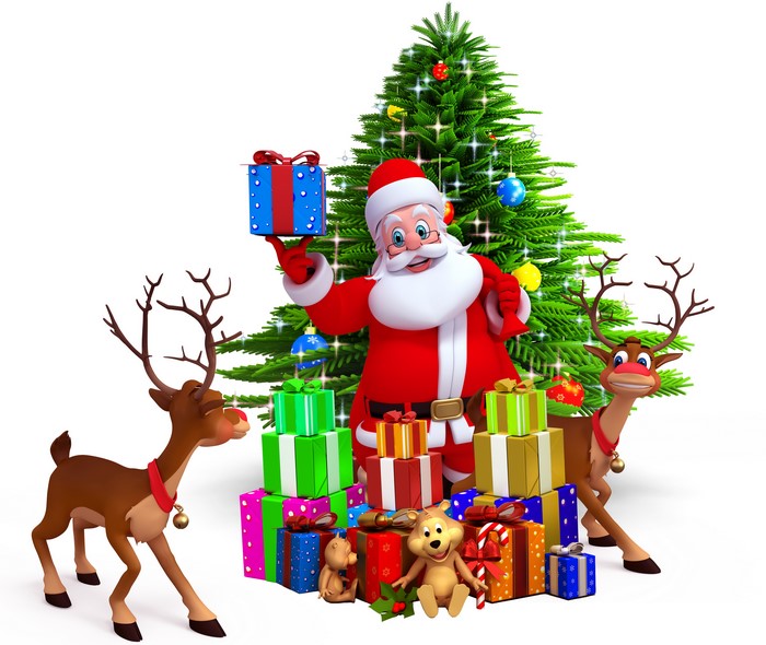 Santa Claus with Christmas Tree and Gifts