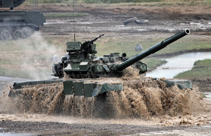 T-90A tank driving through water
