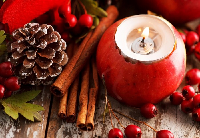 Christmas still life with apple candle, pine cone, cinnamon, and berries