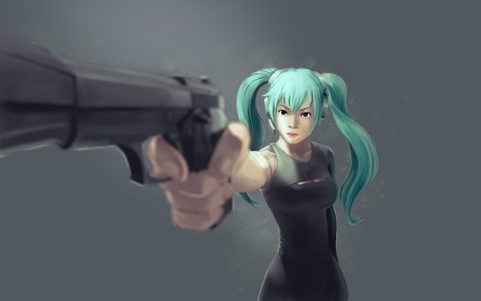Hatsune Miku holding a pistol